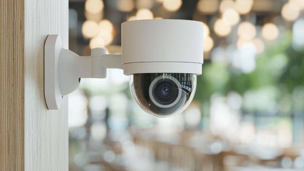 Homme installant caméra surveillance sur mur extérieur maison française