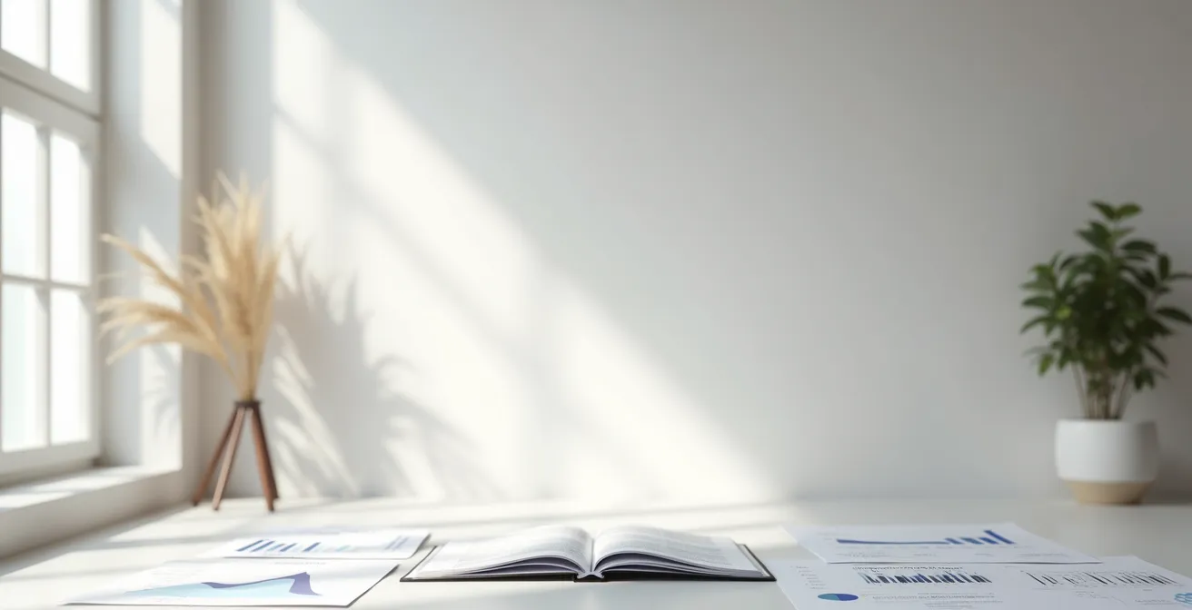 Gros plan sur une surface de travail minimaliste avec des graphiques et données abstraits en arrière-plan flou