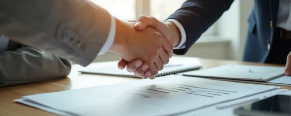 Composition éditoriale montrant des mains se serrant sur un document transparent avec symboles de confiance et de vérification