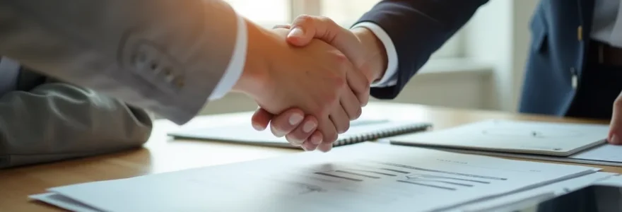 Composition éditoriale montrant des mains se serrant sur un document transparent avec symboles de confiance et de vérification