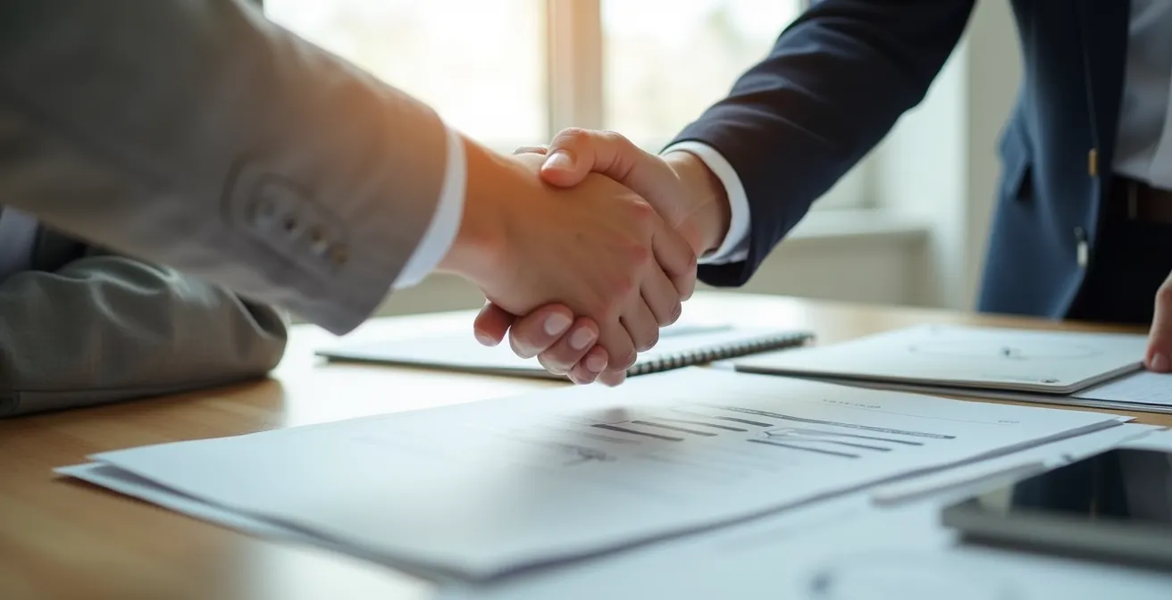 Composition éditoriale montrant des mains se serrant sur un document transparent avec symboles de confiance et de vérification