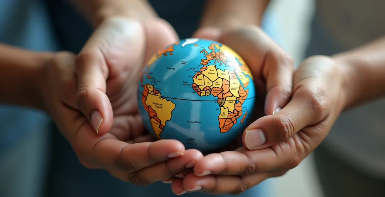 Détail macro de mains se joignant autour d'un globe terrestre miniature, symbolisant la coopération et les partenariats internationaux