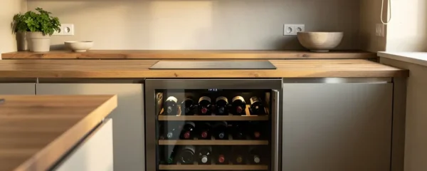 Cave à vin encastrable intégrée dans cuisine contemporaine française