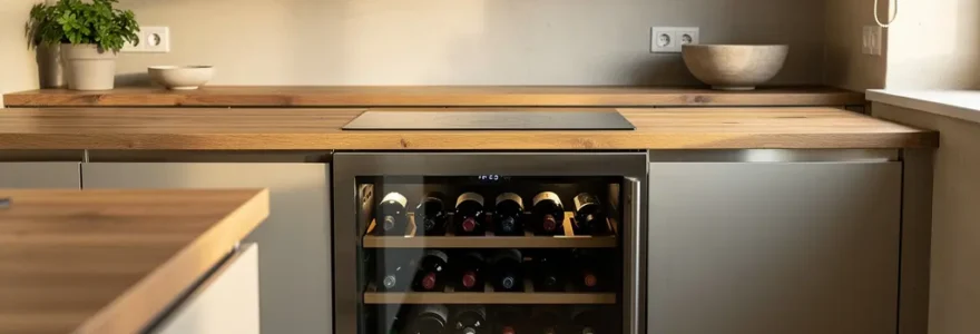 Cave à vin encastrable intégrée dans cuisine contemporaine française