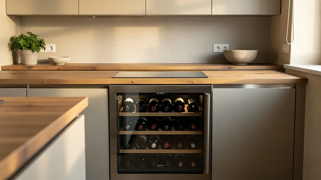 Cave à vin encastrable intégrée dans cuisine contemporaine française