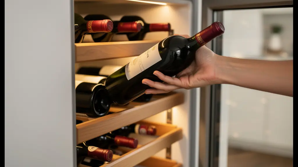 Cave à vin encastrable ouverte avec bouteilles visibles en cuisine moderne