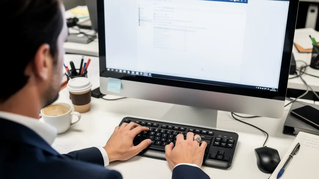 Comptable préparant une relance client sur ordinateur dans bureau PME