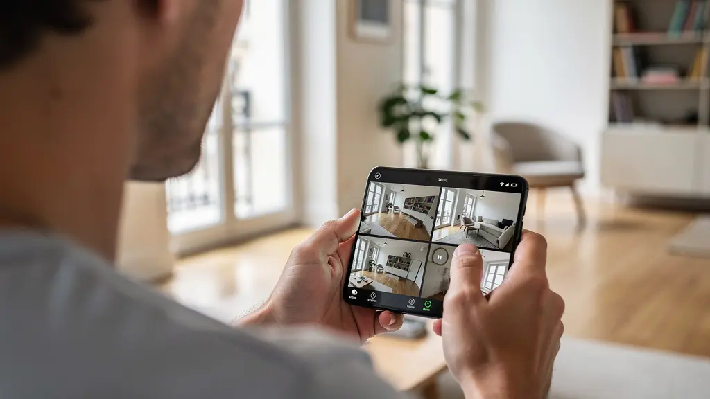 Personne consultant application vidéosurveillance sur smartphone dans salon