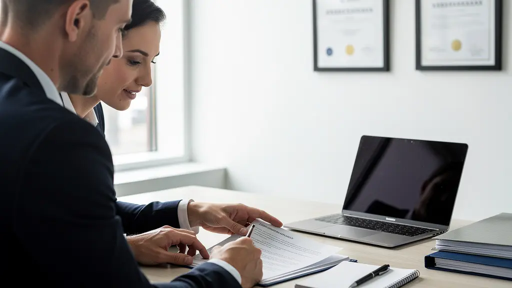 Courtier en assurance consultant des documents avec un client dans un bureau lumineux
