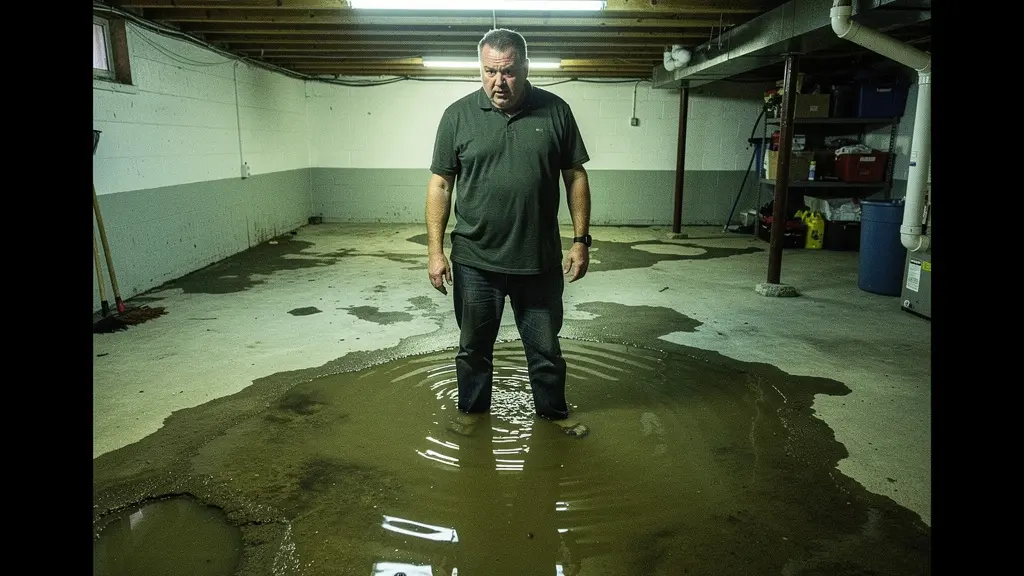 Propriétaire constatant un dégât d'eau dans son sous-sol résidentiel