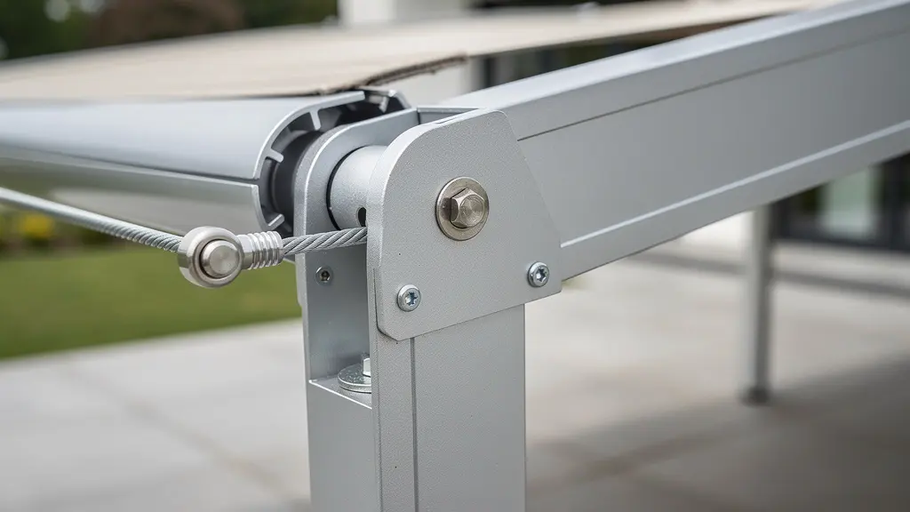 Détail de l'armature aluminium thermolaqué et du mécanisme de bras d'une tonnelle