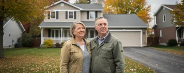 Couple québécois devant leur maison unifamiliale typique de banlieue