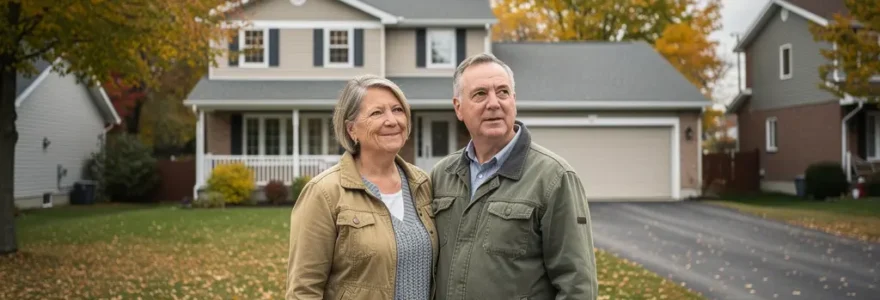 Couple québécois devant leur maison unifamiliale typique de banlieue