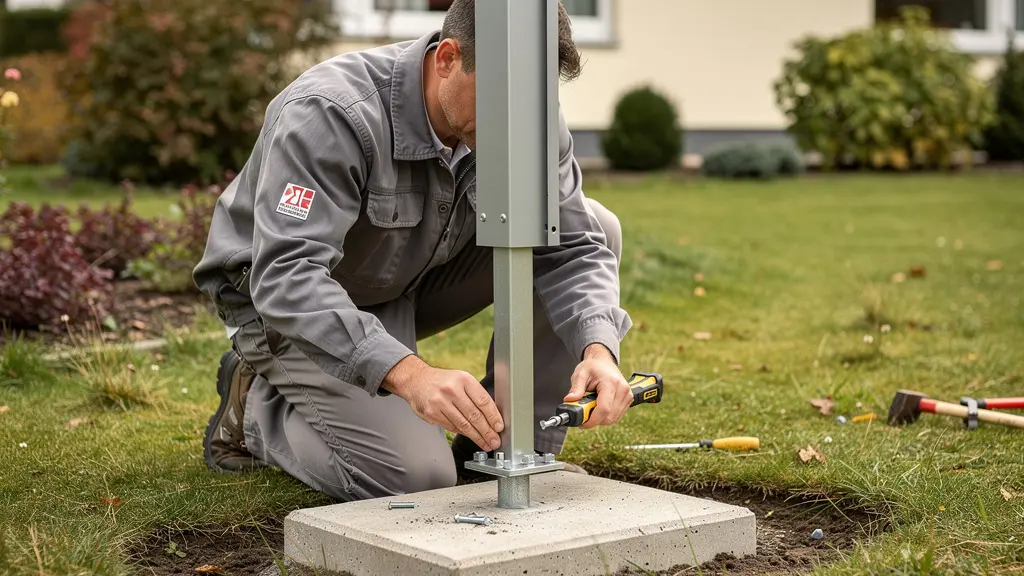 Technicien assemblant un poteau de tonnelle sur une platine fixée dans un plot béton