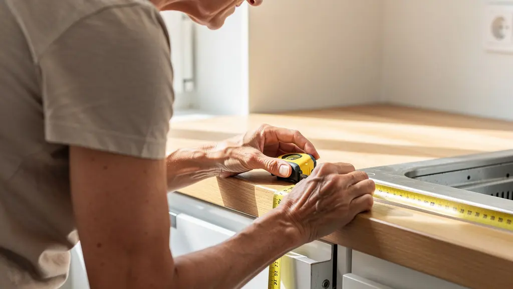 Personne mesurant les dimensions d'encastrement du plan de travail cuisine