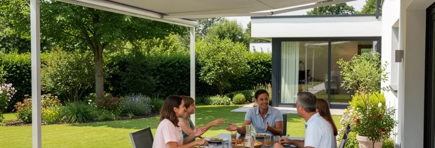 Tonnelle double pente déployée sur terrasse résidentielle avec famille attablée à l'ombre