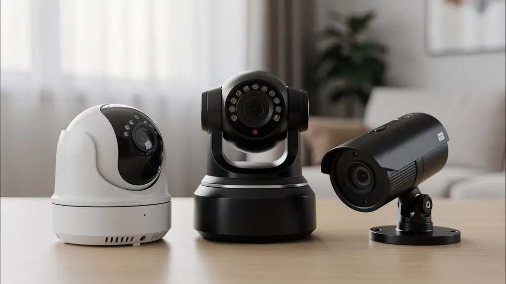 Trois caméras surveillance différentes types dome bullet motorisee sur table