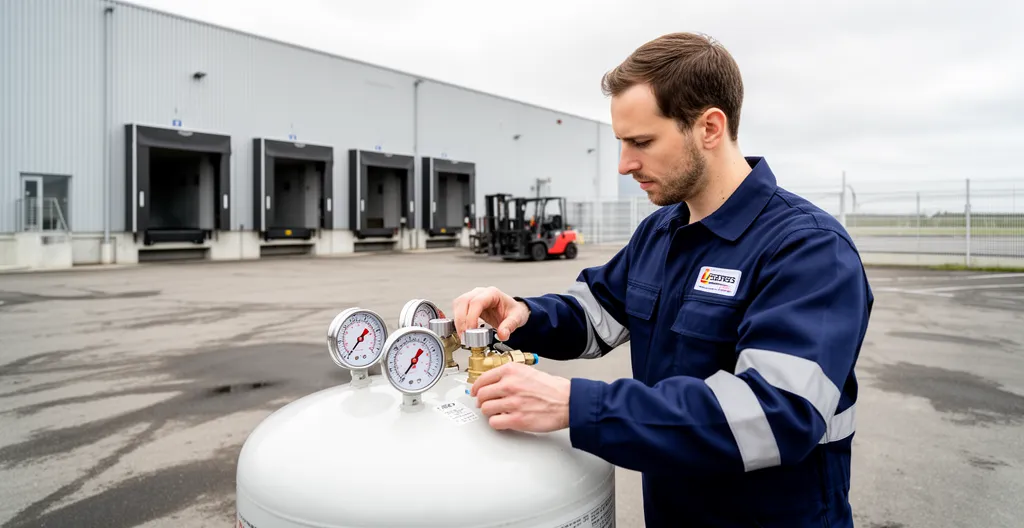 Technicien vérifiant une citerne propane près d'un site industriel moderne