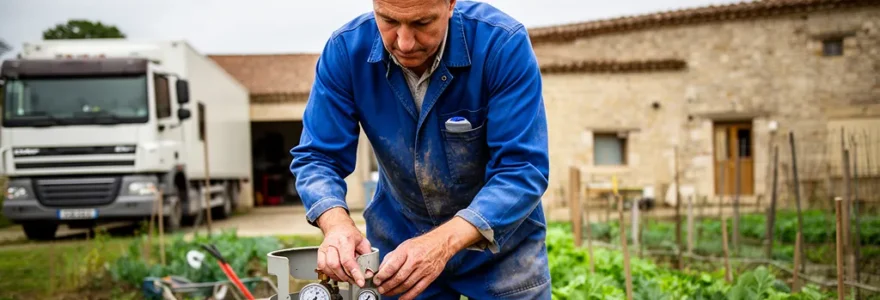 Technicien inspectant citerne propane professionnelle en zone rurale française