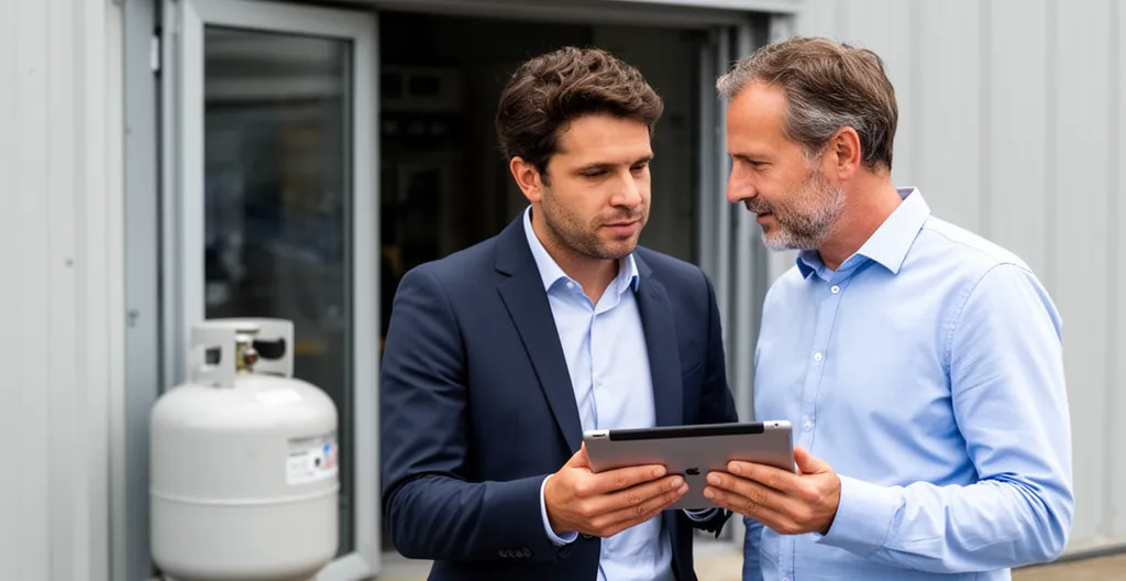 Conseiller énergie et gérant d'établissement consultant tablette devant citerne propane