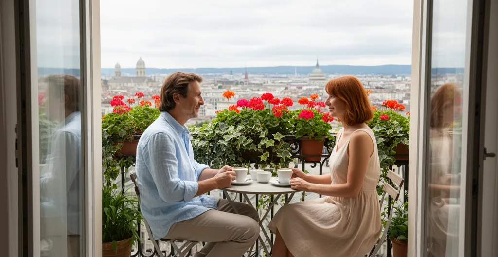 Couple profitant d'un café sur le balcon de leur logement flexible près de Genève