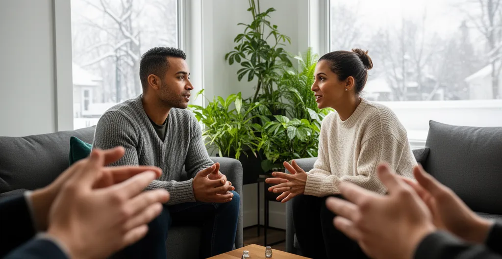 Couple québécois discutant dans leur salon moderne pour choisir assurance habitation