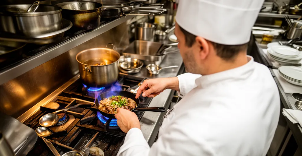 Chef préparant un plat sur cuisinière gaz professionnelle en service actif