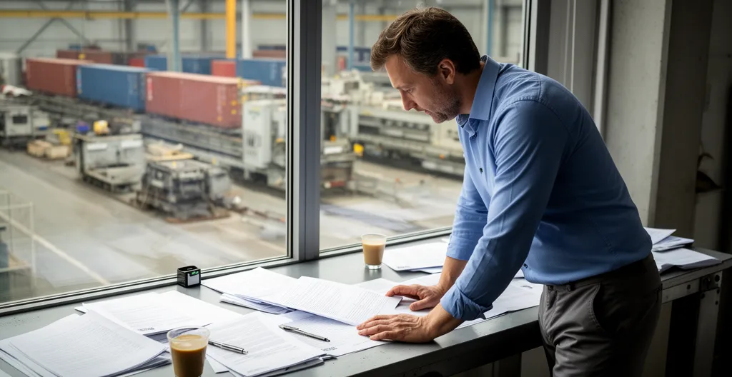Dirigeant d'entreprise analysant des documents énergétiques dans un bureau industriel