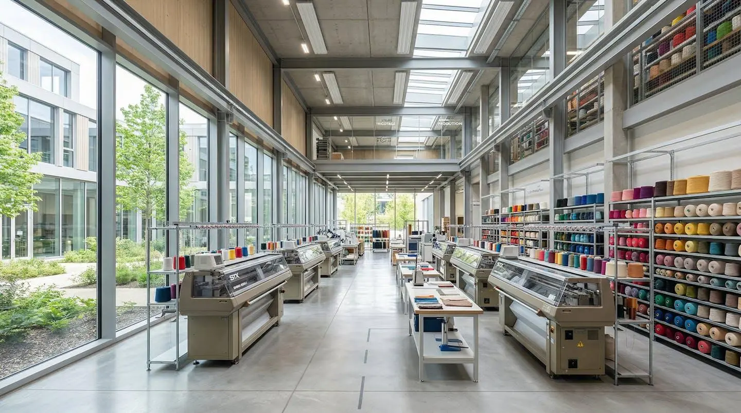 Intérieur lumineux d'un atelier de fabrication textile français contemporain avec bobines de fil et équipements de tricotage
