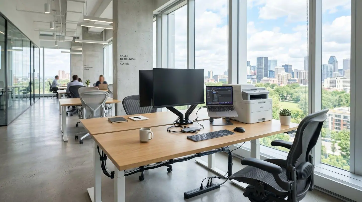 Bureau professionnel moderne avec une imprimante multifonction, des câbles réseau soigneusement rangés et un hub USB posé sur le plan de travail