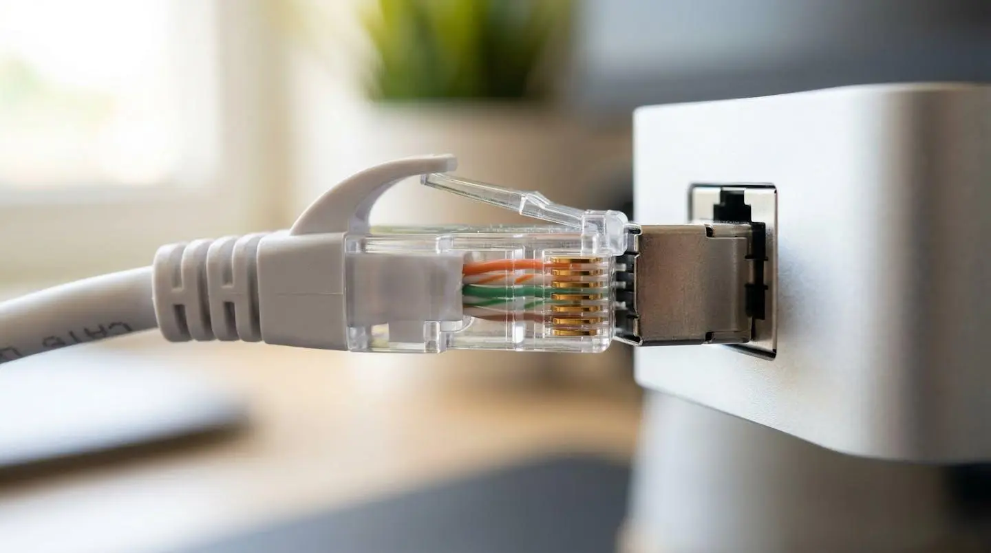 Gros plan sur un câble réseau Ethernet Cat6 avec son connecteur RJ45, montrant les détails du blindage et la qualité de fabrication
