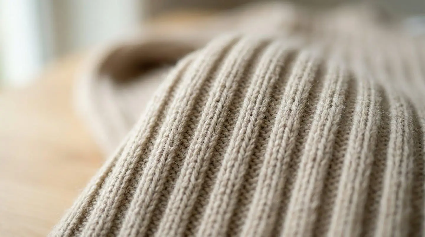 Gros plan sur la texture en relief d'une maille côtelée montrant les côtes verticales régulières et le jeu de lumière sur la structure