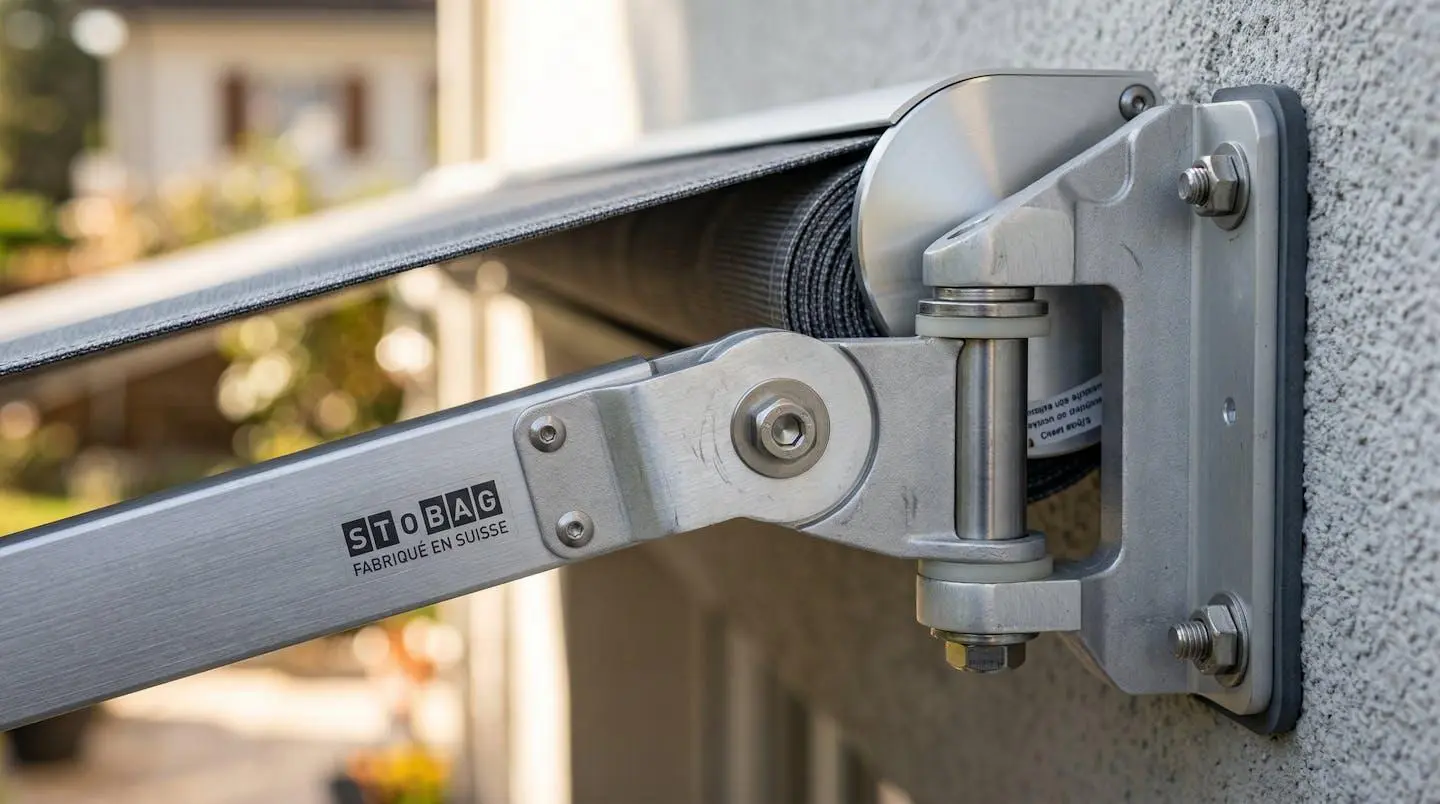 Vue rapprochée du mécanisme de bras articulés d'un store banne avec fixation murale et système d'inclinaison en aluminium contemporain