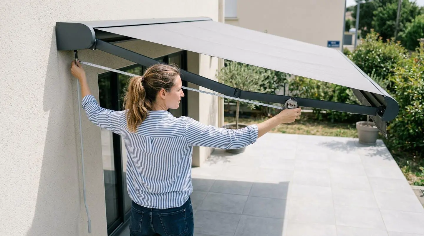 Personne vue de dos mesurant la profondeur d'une terrasse avec un mètre ruban, vêtements décontractés modernes, environnement résidentiel français