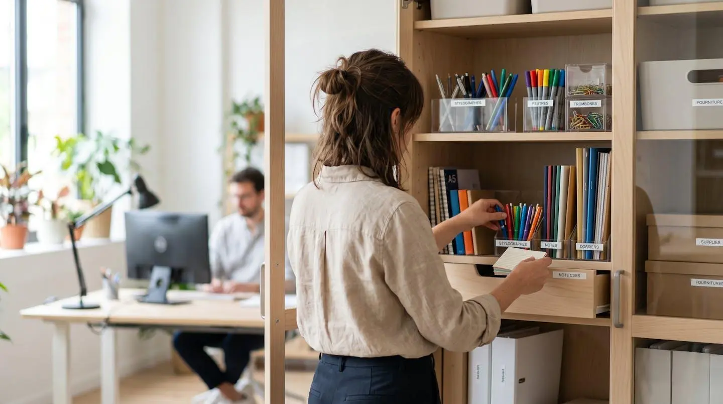 Professionnel vu de dos en train d'organiser des ramettes de papier et des cartouches dans une armoire de rangement bureautique moderne