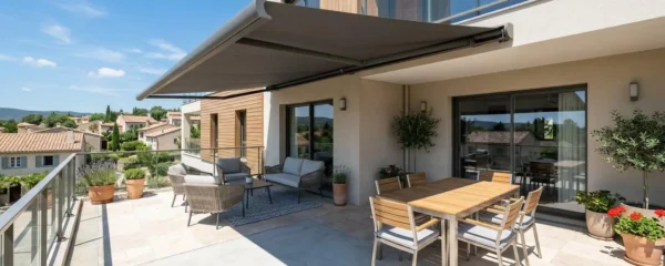 Terrasse résidentielle française avec store banne déployé projetant une zone d'ombre définie sur le sol, mobilier de jardin moderne installé dans la zone ombragée