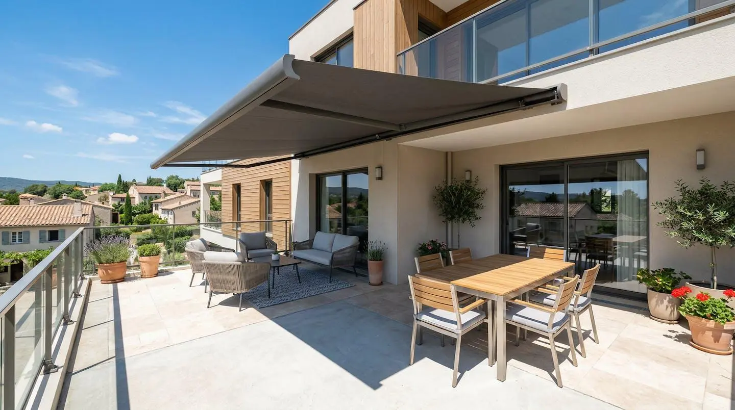 Terrasse résidentielle française avec store banne déployé projetant une zone d'ombre définie sur le sol, mobilier de jardin moderne installé dans la zone ombragée