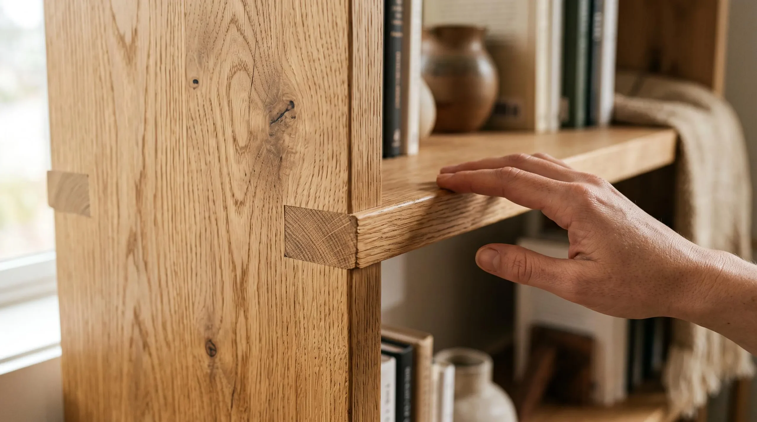 Détail de bibliothèque de bureau en bois massif avec main examinant la qualité des matériaux