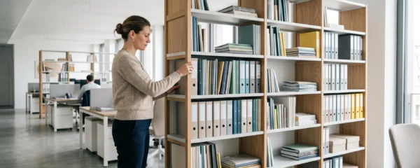 Professionnelle organisant des documents sur une bibliothèque modulaire haute dans un bureau contemporain