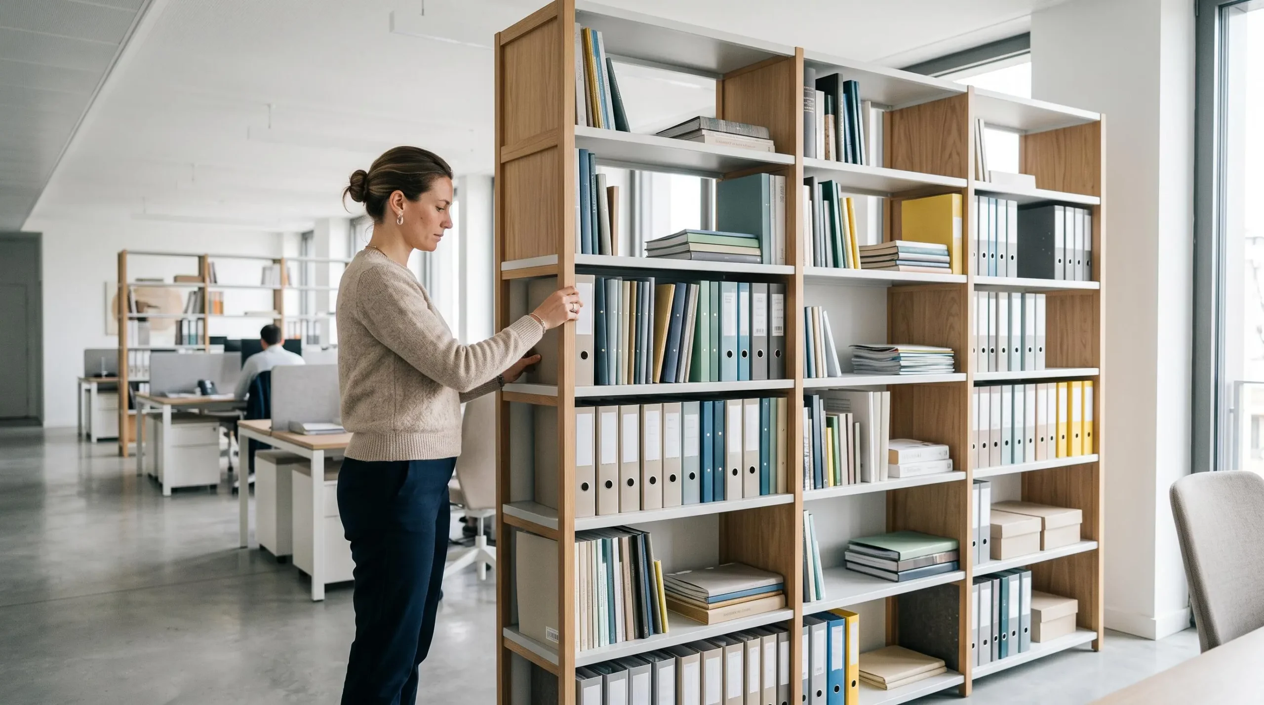 Professionnelle organisant des documents sur une bibliothèque modulaire haute dans un bureau contemporain
