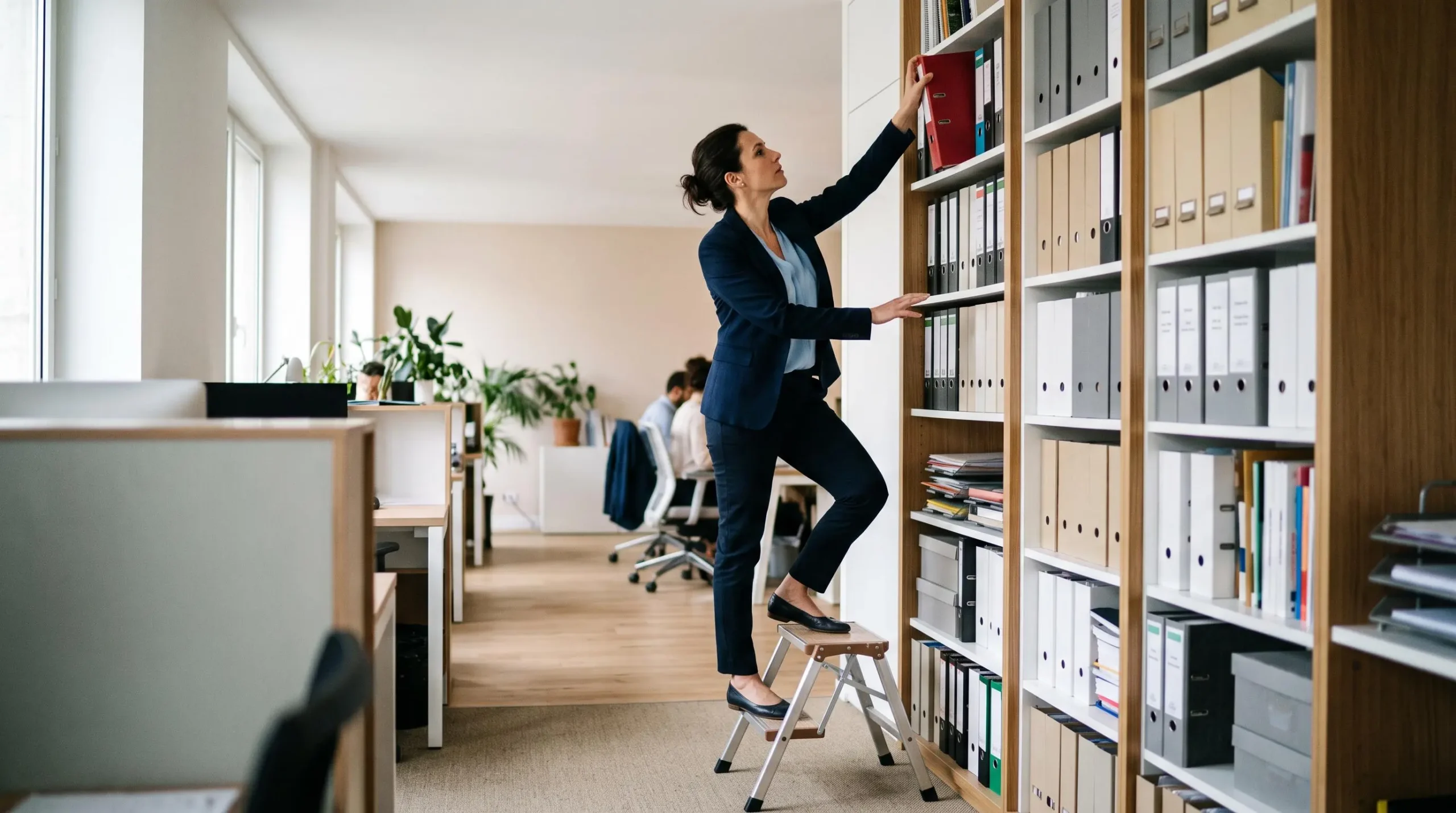 Professionnelle utilisant un marchepied pour accéder aux étagères supérieures d'une bibliothèque haute de bureau