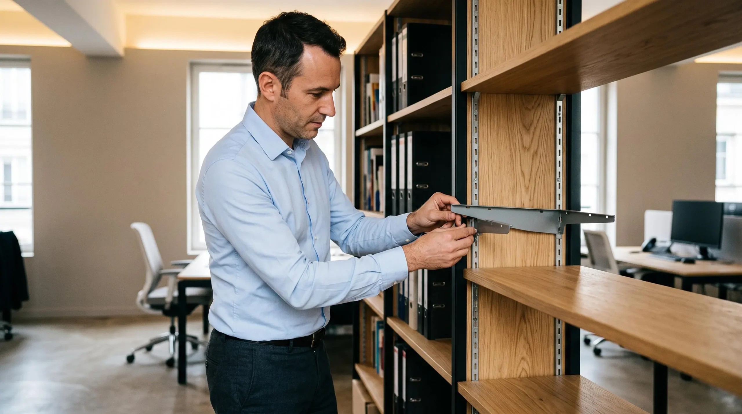 Professionnel ajustant une étagère sur un système de bibliothèque modulaire de bureau